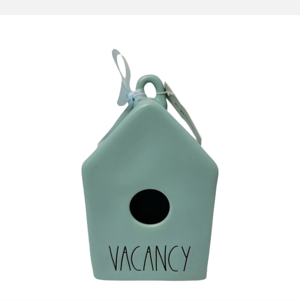 NWT Rae Dunn Vacancy Robins Egg Blue Birdhouse Bank LL Font Magenta